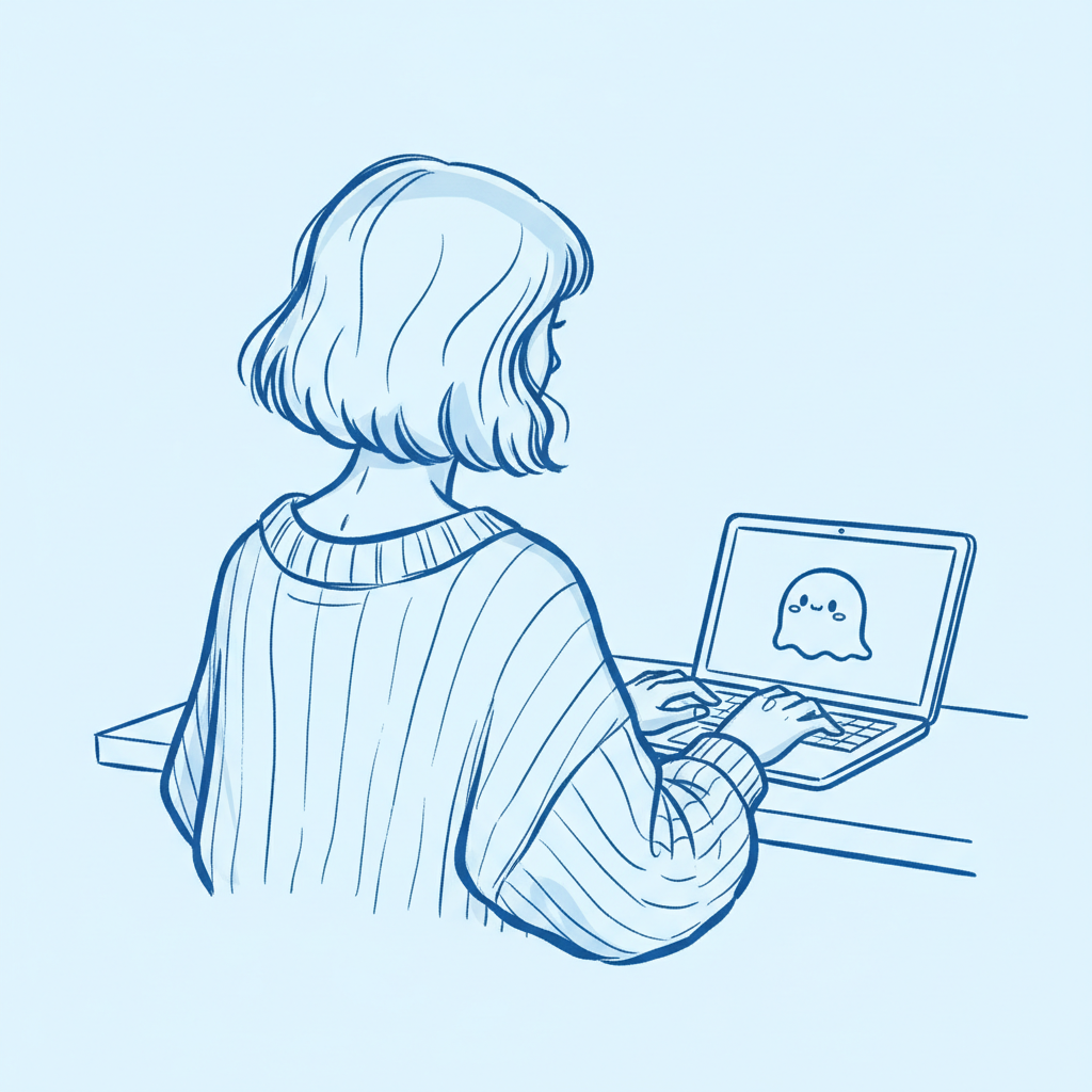 Person working at laptop with AI sprite on screen