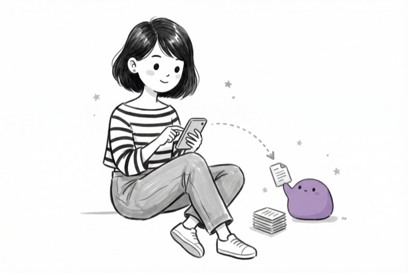 Caro on phone, AI sprite organizing documents