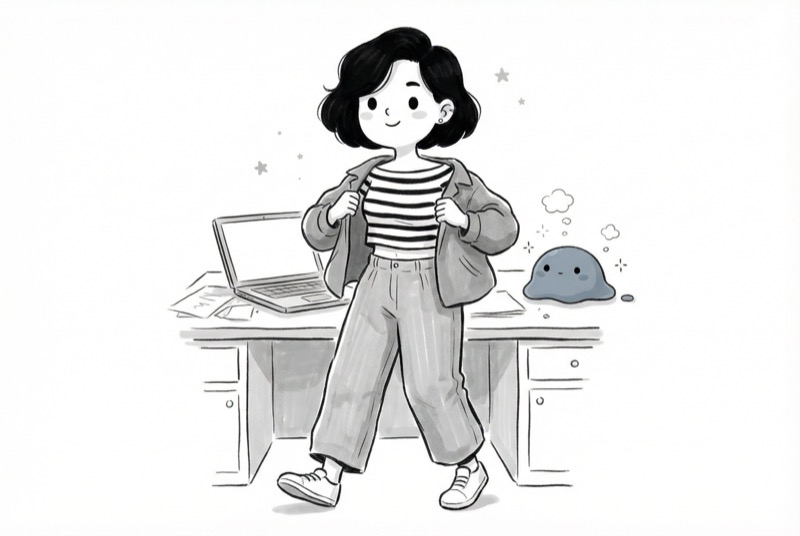 Caro putting on jacket, AI sprite wrapping up