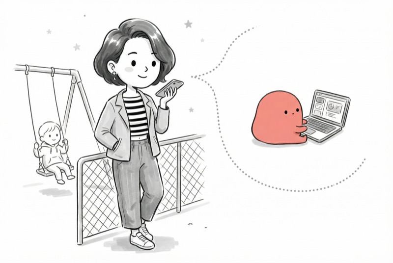 Caro at playground, AI sprite working on laptop remotely